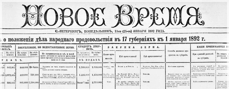 Название: Заголовок газеты "Новое время" от 13 (25) января 1892 года